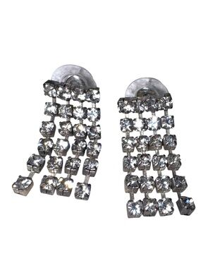 Silver Vintage Rhinestone Cascading Chandelier 4 Rows Dangle Earrings Costume